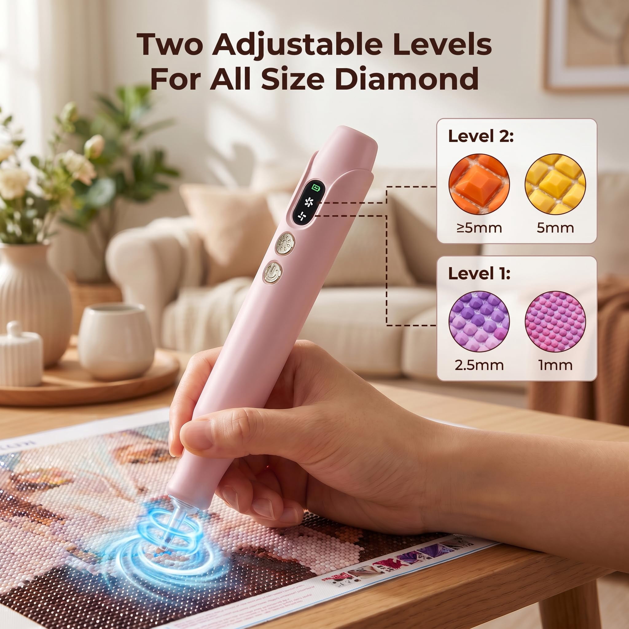 Electric Diamond Art Painting Pen, Cordless Quiet Vacuum Picker, No Wax Needed, 3 Speeds with LED Light, Ergonomic Dot Drill Tool, Diamond Art Accessory for DIY Diamond Painting,pink