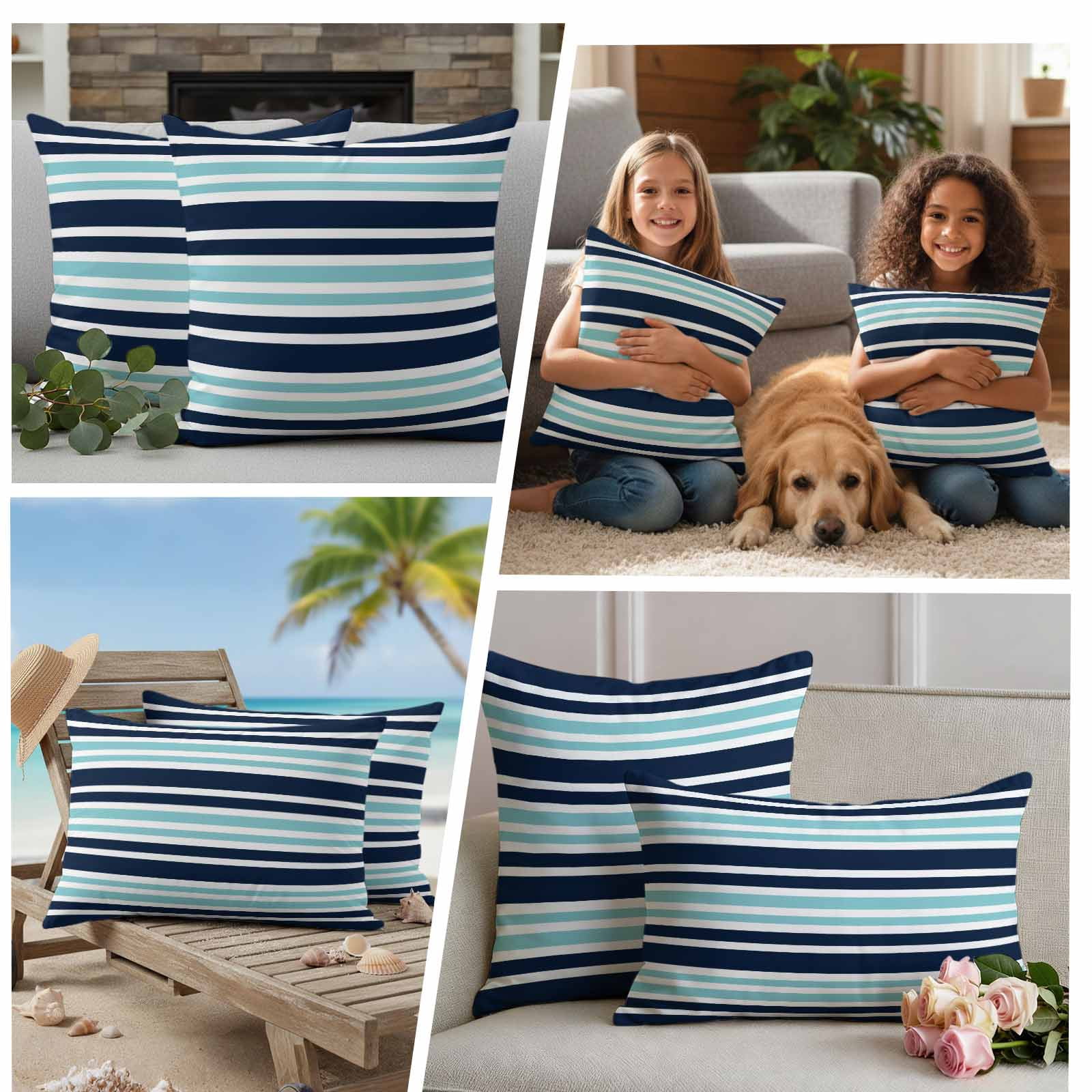 Outdoor Waterproof Pillow Covers Nautical Navy Blue Contrast Stripe Decorative Throw Pillow Protectors,Pillowcase Cushion Cases for Patio Sofa Garden Couch,20x12in,Pack of 2