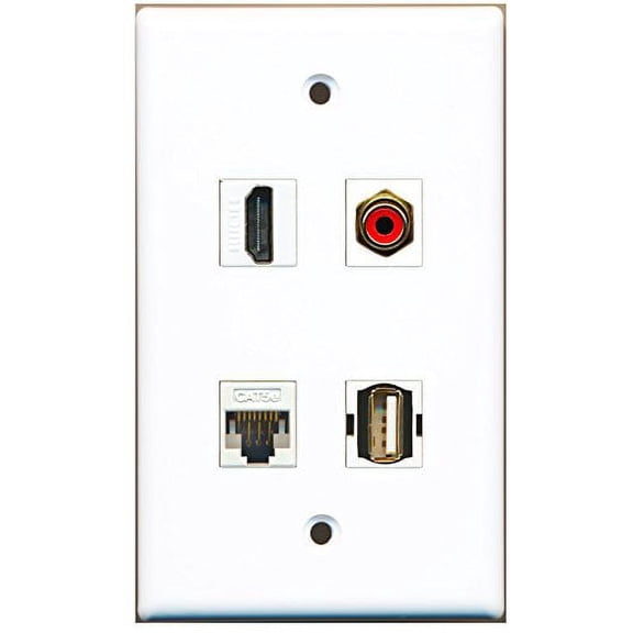 RiteAV - 1 Port HDMI 1 Port RCA Red 1 Port USB A-A 1 Port Cat5e Ethernet White Wall Plate