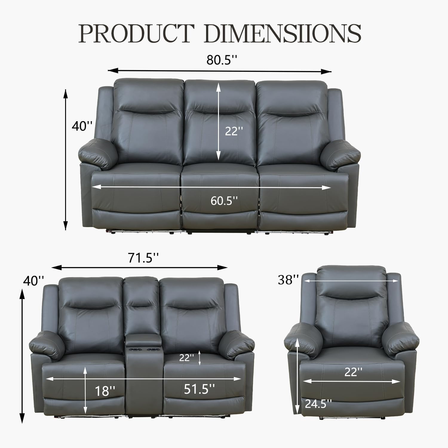 PonLiving Power Leather Recliner Sofa with LED Lights,with USB Port/Storage Console/Cup Holders.Drak Grey