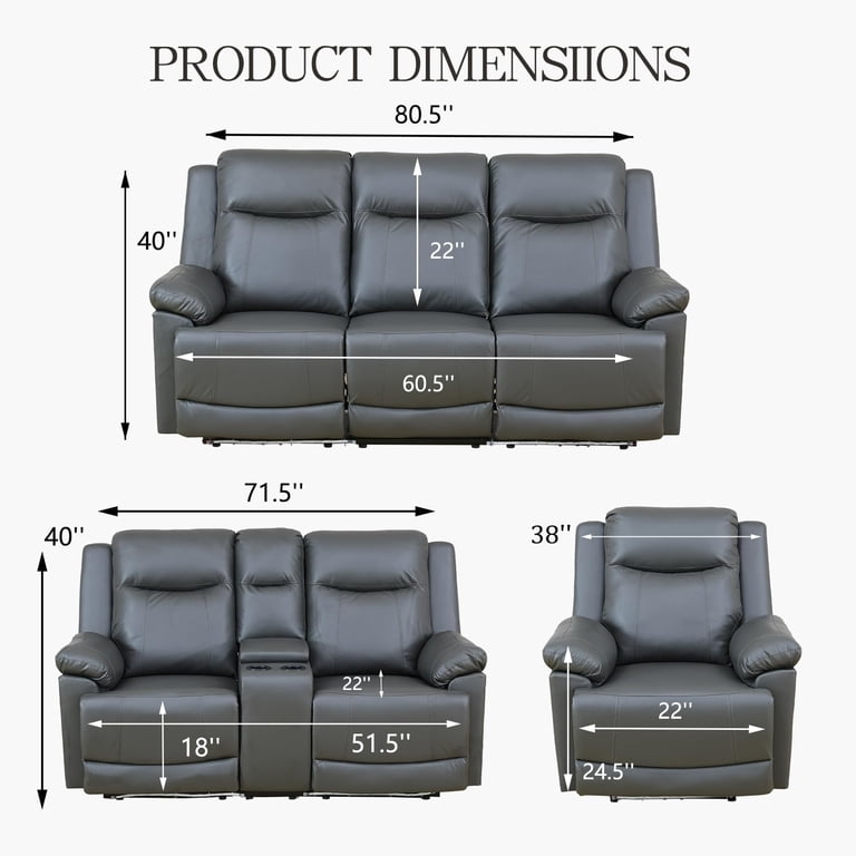 Leather Power Recliner Sofa Set with LED, Power Reclining Living