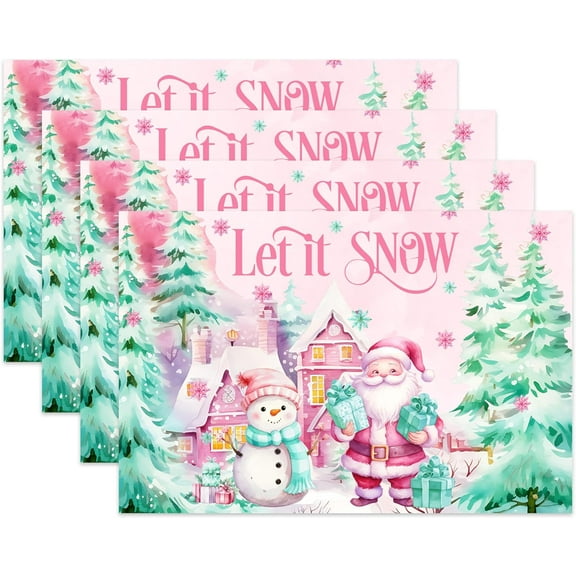 Table Placemats Set of 4, 12x18 Inch Pink Christmas Placemats, Washable Non-Slip Heat-Resistant for Kitchen Table Party Dining Decoration