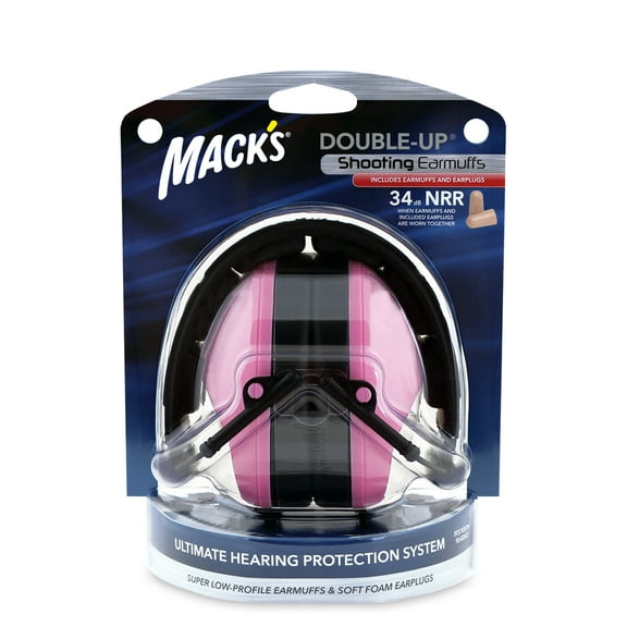Mack's Double-Up Shooting Earmuffs - Pink Shooters Ear Muffs and Soft Foam Ear Plugs for Hunting, Tactical, Target, Skeet and Trap Shooting
