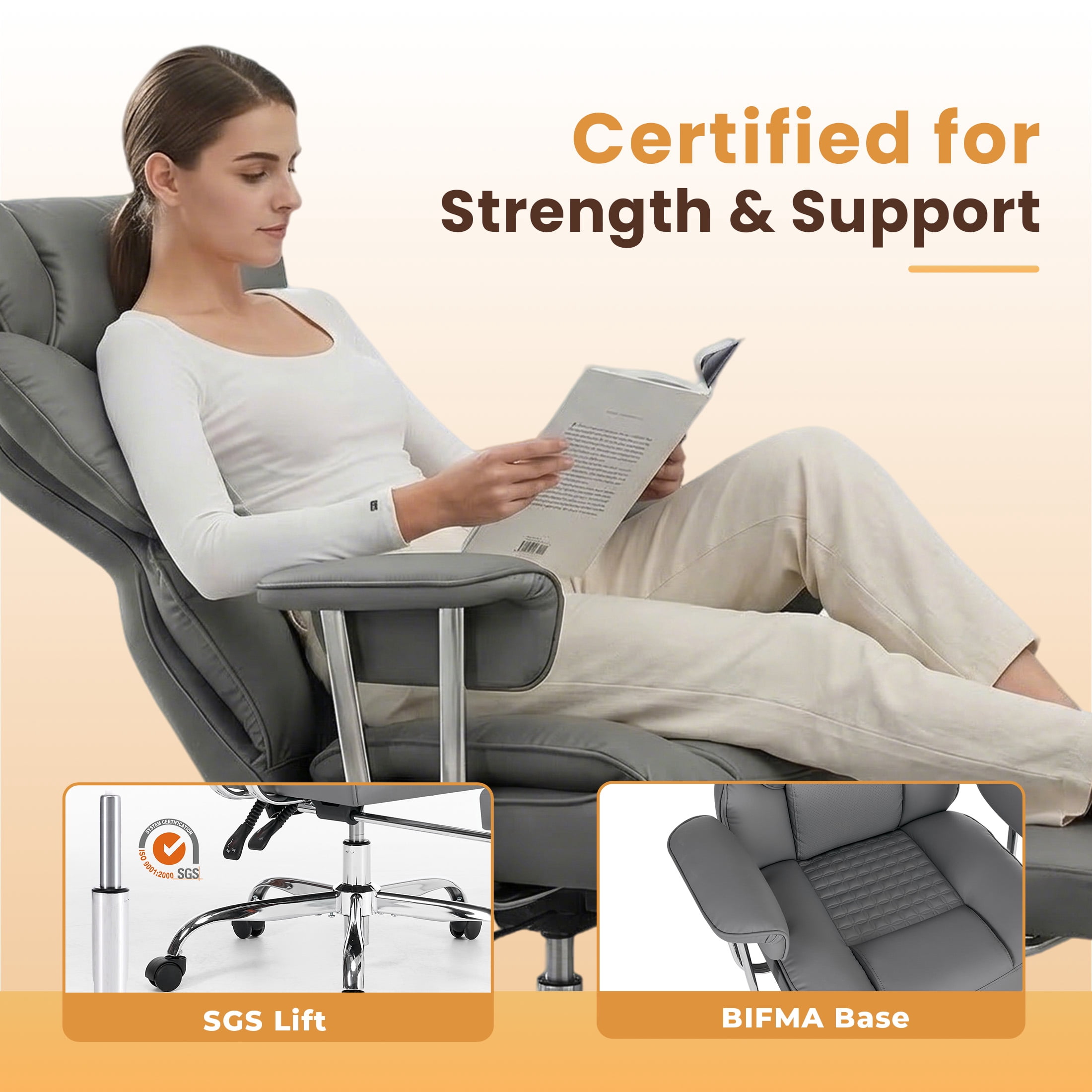 CONCETTA Ergonomic Big and Tall Office Chair, Scratch-Resistant PU Leather Executive Desk Chair with Spring Lumbar Support Gray