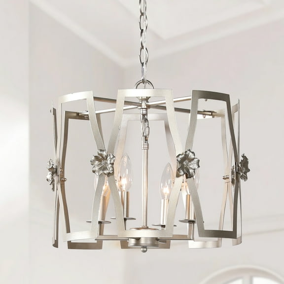 TOMIYA Silver Drum Modern Chandelier, 4-Light Elegant Round Metal Flush Mount Ceiling Pendant Light for Kitchen Island Dining Room