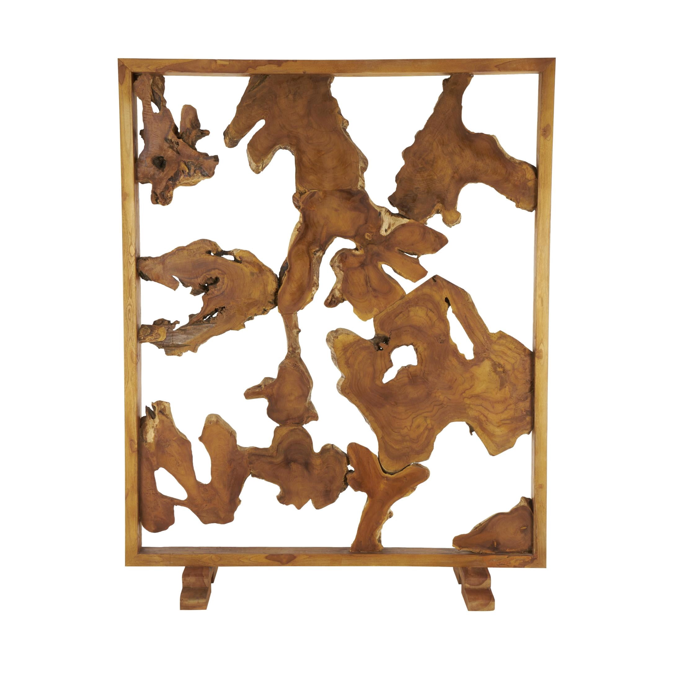 DecMode 63" x 82" Brown Teak Wood Handmade Tall Live Edge Freestanding Room Divider Screen with Large Tree Trunk Pieces, 1-Piece