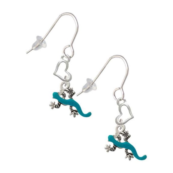 Silvertone Small Teal Lizard Heart French Earrings