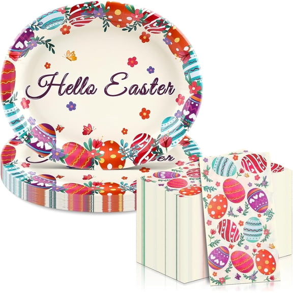 Easter Oval Paper Plates and Napkins Sets - Large Disposable Party Plates and Rectangle Napkins for Easter Party Supplies