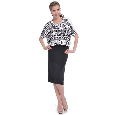Dolman Crop - Ethnic Tribal Inspired Print Dolman Crop Top with Slim Black Dress