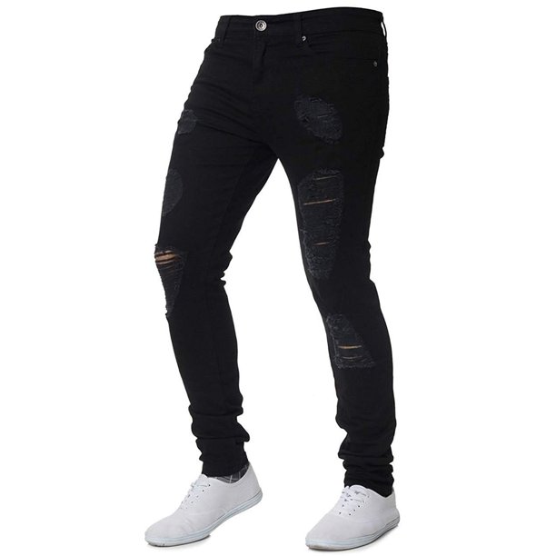 Men's Ripped Jeans Stretch Distressed Skinny Denim Pants Elastic Slim