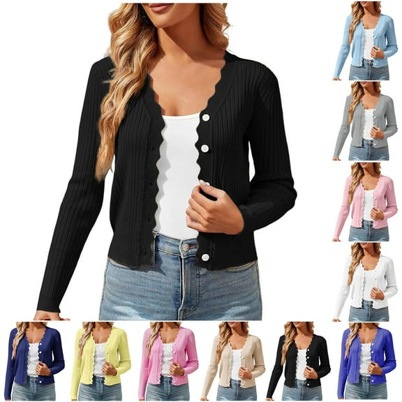 idosla Women's Long Sleeve Cardigan Casual V-Neck Button Open Front Outerwear Soft Cropped Knit Shrugs Sweater (Yellow, S)