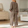 thumbnail image 4 of Szluipve 2 Piece Sets for Women Gingham Plaid Round Neck Long Sleeve Ruffle Peplum Top And Drawstring Wide Leg Cropped Pants 2 Piece Outfit Casual Loungewear Set With Pockets Brown S, 4 of 5