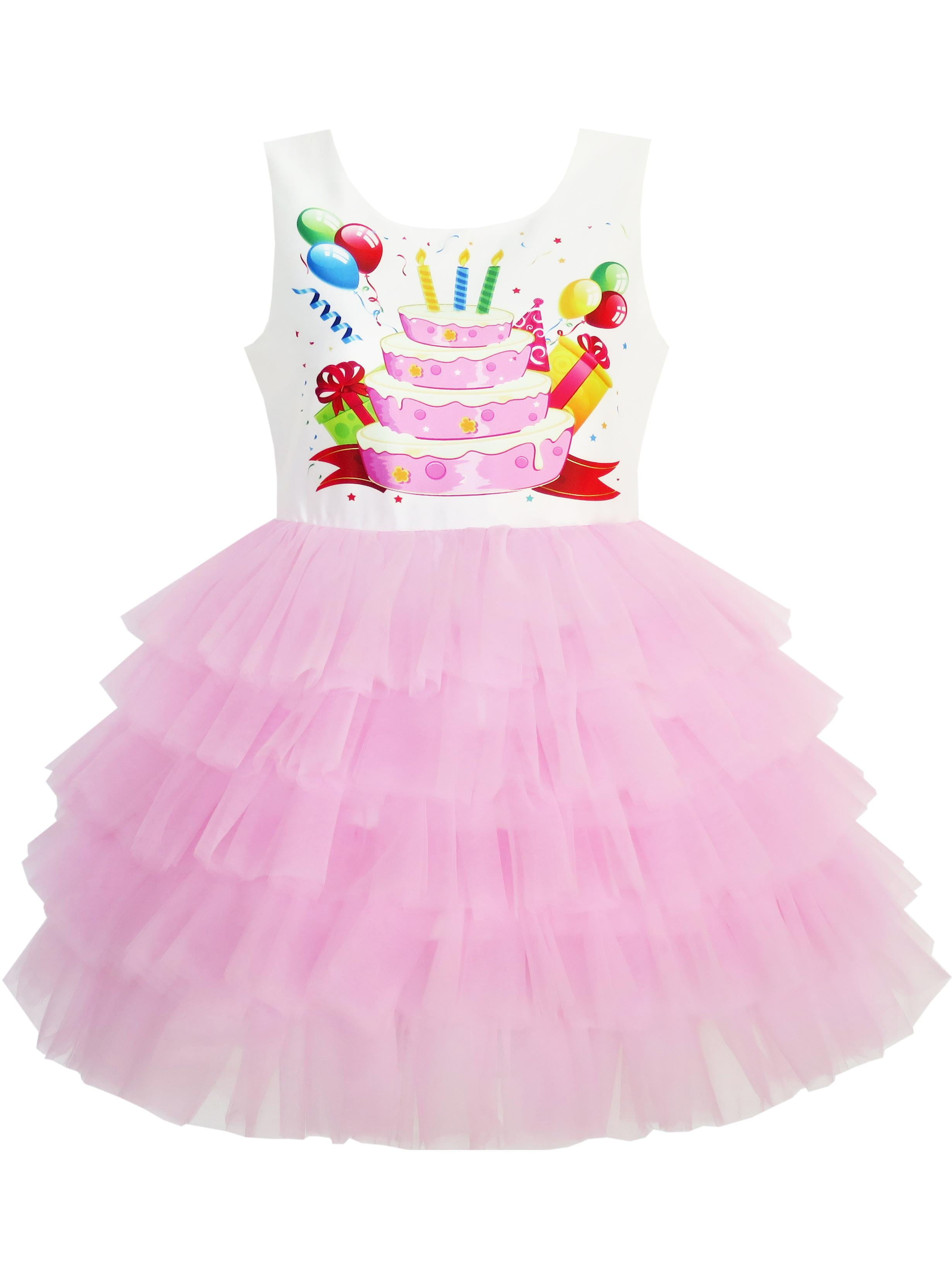 Girls Dress Birthday Princess Ruffle Dress Cake Balloon Print Age 3-10 Years
