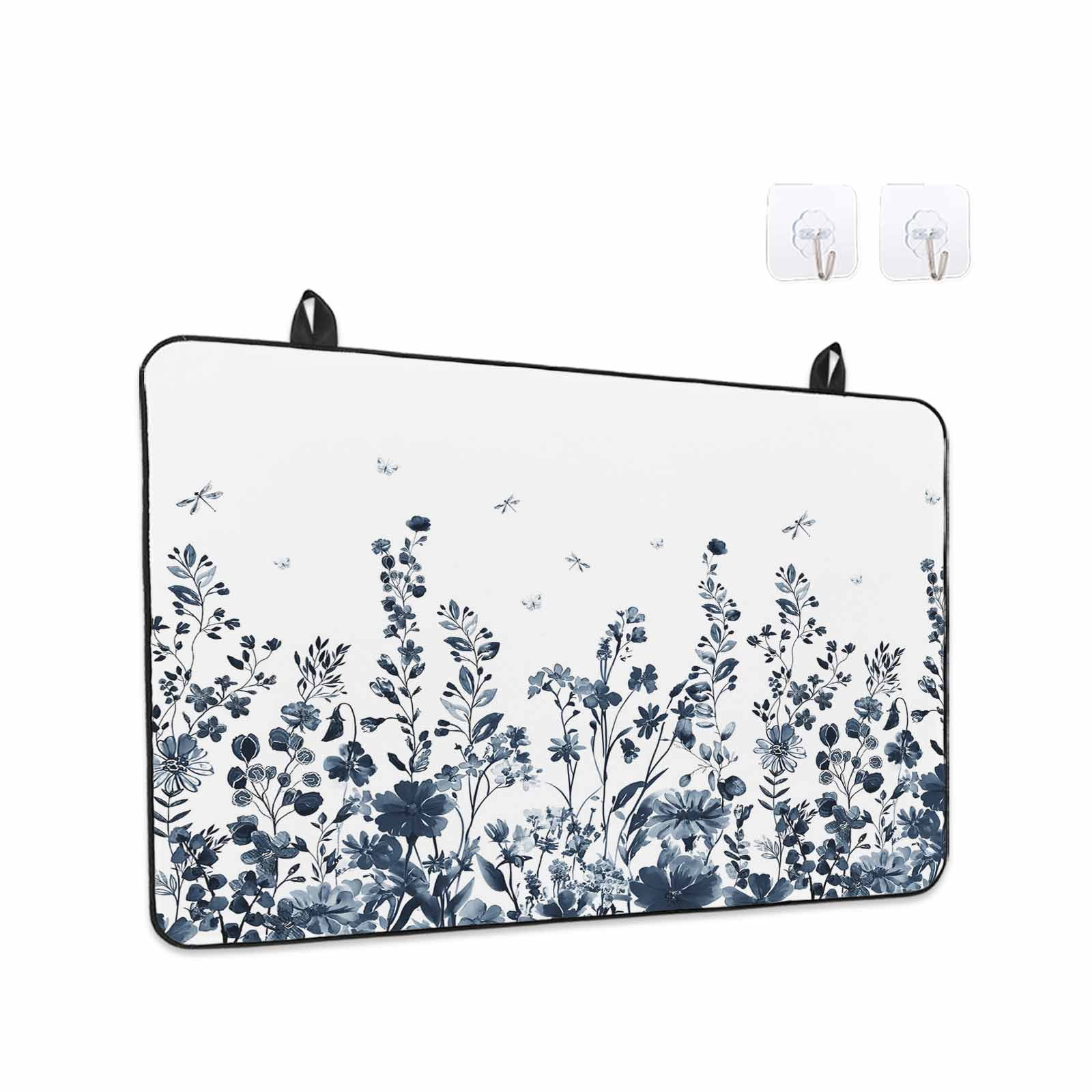 Blue Botanical Stove Top Cover for Electric Stove, Heat-proof & Non Slip Glass Top Stove Cover Protector, Dragonfly Flower Leaf Retro Ink Style Kitchen Flat Cooktop Rubber Mat 24x21 Inches