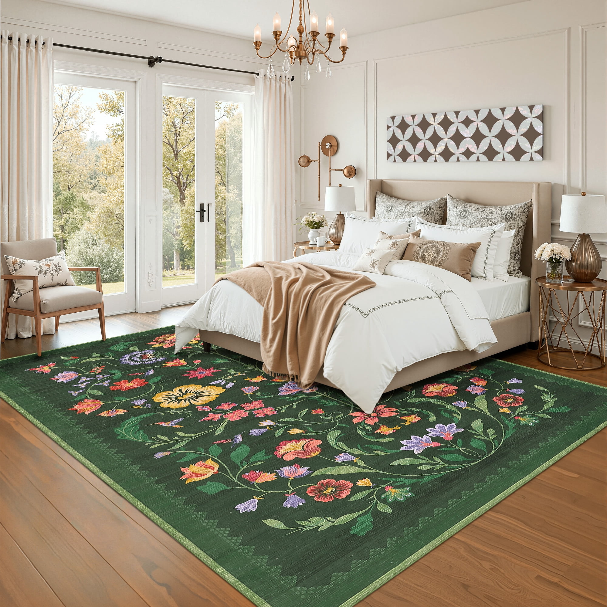 Garvee 5'x7' Floral Printed Area Rug Vintage Soft Rug, Washable Low Pile Rug Stain Resistant Farmhouse Indoor Carpets with Non Slip Backing for Living Room Bedroom Playroom, Green