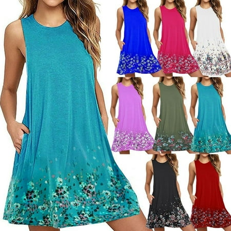 Pleated Shift Dress - Women Casual Round Neck Floral Printed Loose Sleeveless Beach Tank A-line Pocket Dresses Knee Length Pleated Skirts Ladies Fashion Swing Cotton T-Shirt Dress