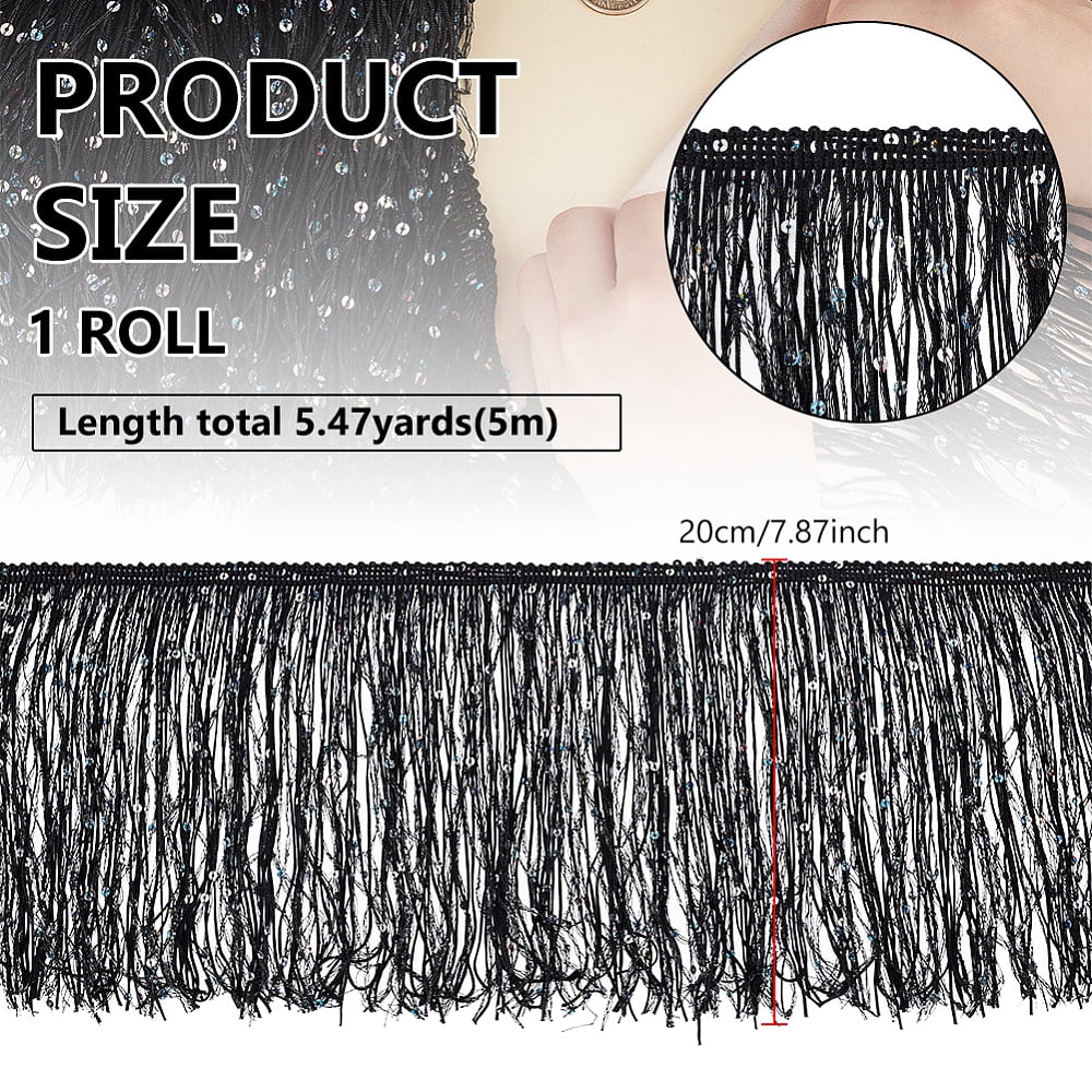 5M Paillette Tassel Polyester Ribbon Trim Clothes Accessories Black 7-7/8 inch(200mm) about 5.47 Yards(5m)/Bag DIY