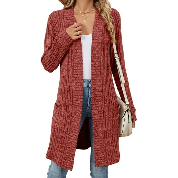 Women'S Fall Fashion Light-Weight Soft Knit Cardigan Long Sleeve Open Front Coat with Pockets Brick Red M