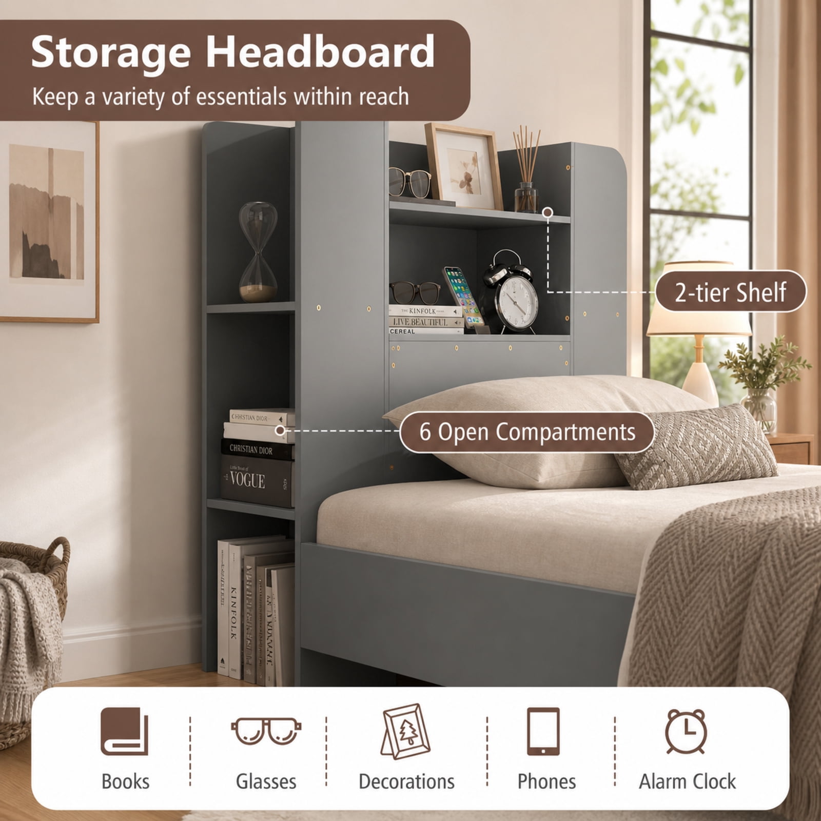 Furnibear Twin Platform Bed Frame with Built in Bookcase Headboard 2 Tier Shelf 6 Open Compartments Solid Wood Slats and No Box Spring Needed, Gray