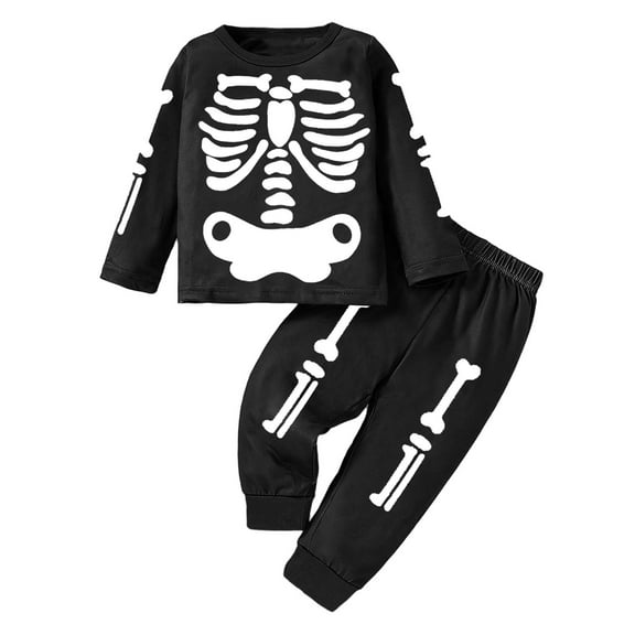 XAOWF Child Boys Halloween Sets Casual Skeleton Printed Long Sleeve Pullover And Pants Two Piece Set 0-24 Months Trendy Relaxed Fit Outfit