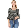 thumbnail image 2 of Allegra K Blusa Floral Cuello V Corto Botones Abajo Pu?o Elástico Lazo Al Frente Camisa Para Mujer Negro M, 2 of 6