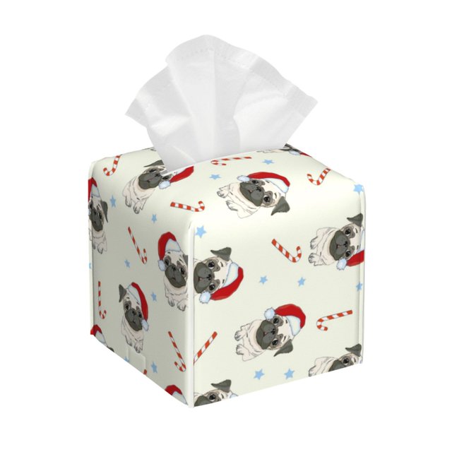 Fotbe Christmas Pug Dog Porta Pañuelos Decorativo de Cuero, Caja Cuadrada Moderna para Pañuelos Faciales, Organizador y Dispensador 5x5x5''