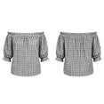 thumbnail image 4 of Ayolanni Ruffled Womens Blouses Plaid V-Neck Elastic Short Sleeve Blouse Casual Loose Puff Off the Shoulder T-Shirt Tops for Women Black L, 4 of 8