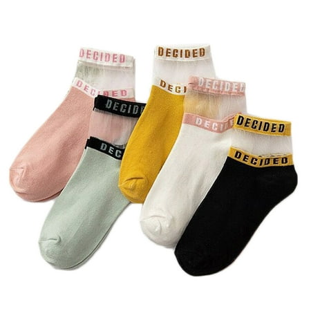 

HIABIO 5 Pairs Women Summer Letters Ankle Socks Striped Sheer Glass Fiber Short Hosiery