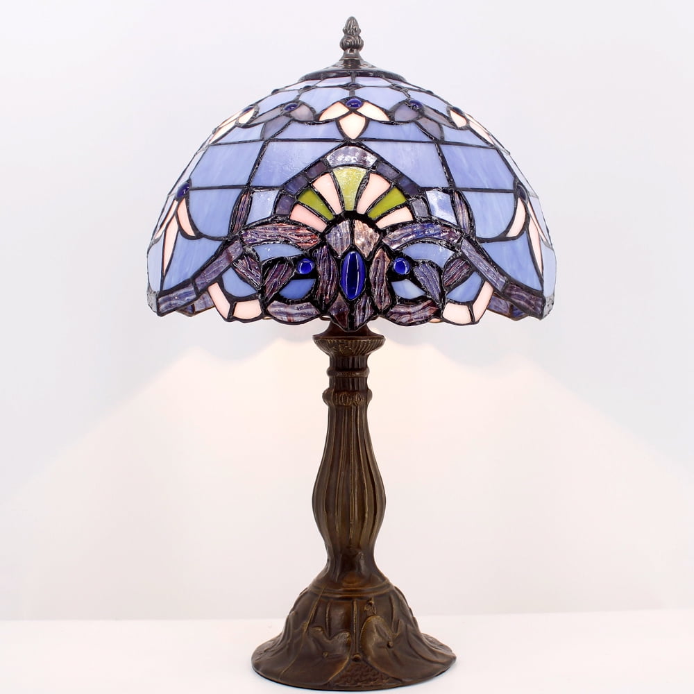 Tiffany Lamp Stained Glass Table Bedside Lamp Blue Purple Baroque Style Lavender Antique Reading Desk Light 18" Tall Living Room Bedroom Coffee Bar Library Memory Sympathy WERFACTORY LED Bulb Included