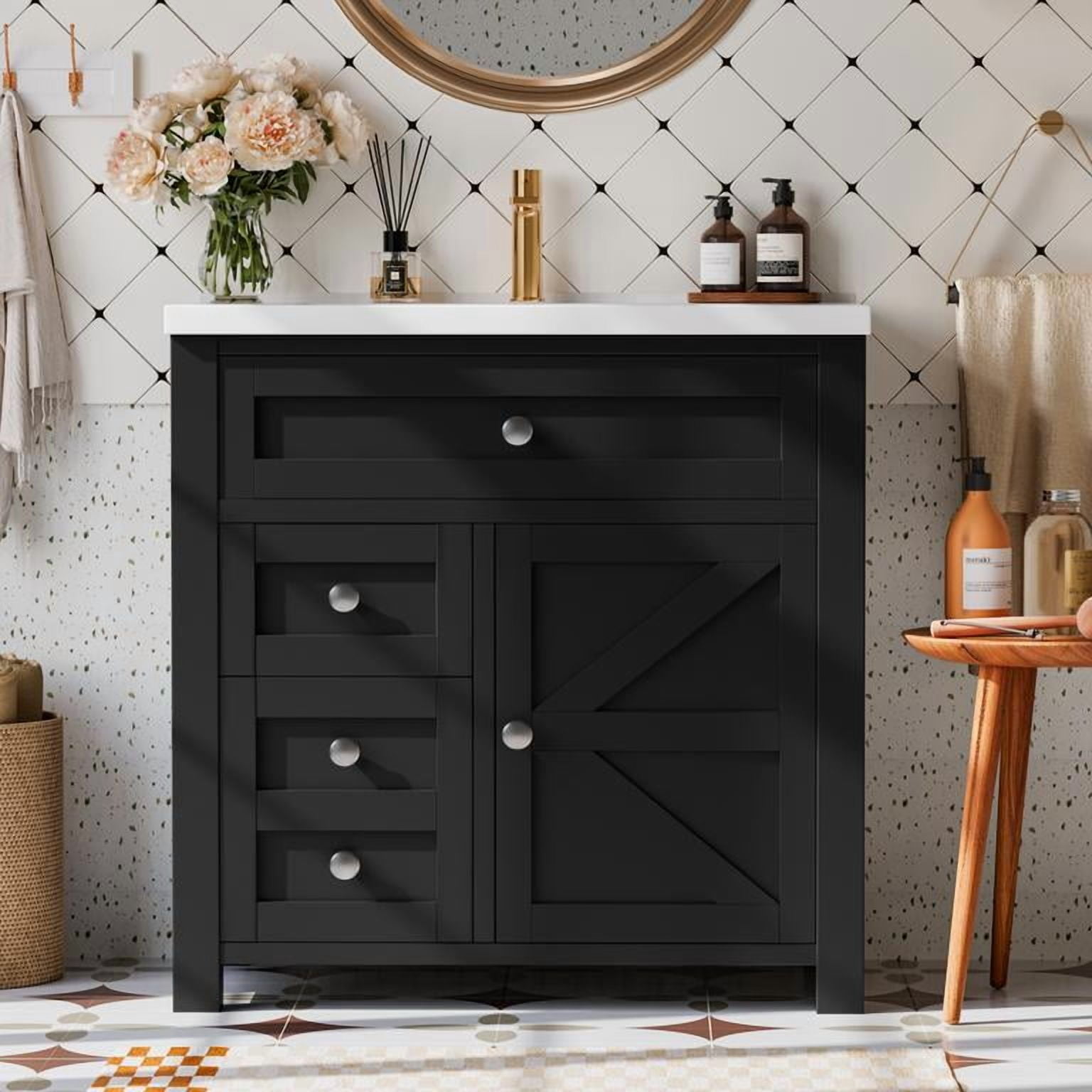 Lacoo 30'' Bathroom Vanity with Resin Sink, Wood Bathroom Storage Cabinet with Drawers and Shelves for Bathroom, Black