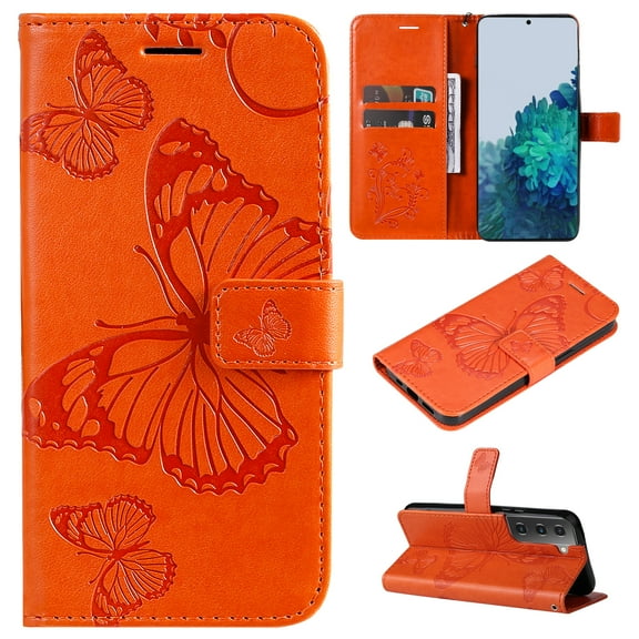 SaniMore for Samsung Galaxy S22 Plus Magnetic Flip Wallet Case, [RFID Blocking] Card Holder PU Leather 3D Butterfly Embossing Cover with Kickstand & Wrist Strap Shockproof Protective Shell, Orange