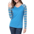 thumbnail image 3 of Tops A Rayas Con Cuello En V Y Mangas Raglán Largas Para Mujer Azul XS, 3 of 7