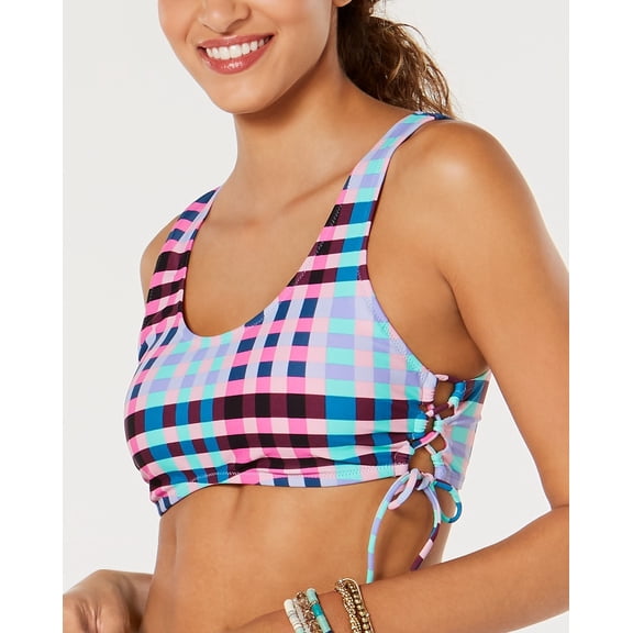 Hula Honey MULTI Check It Out Printed Bralette Bikini Swim Top, US Small