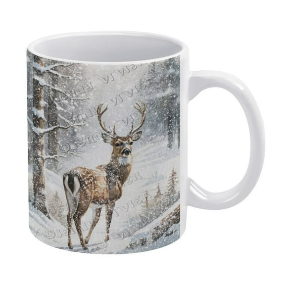 Novelty Coffee Mug - Winter Deer Mug - 330 ml / 11 oz White Ceramic Cup