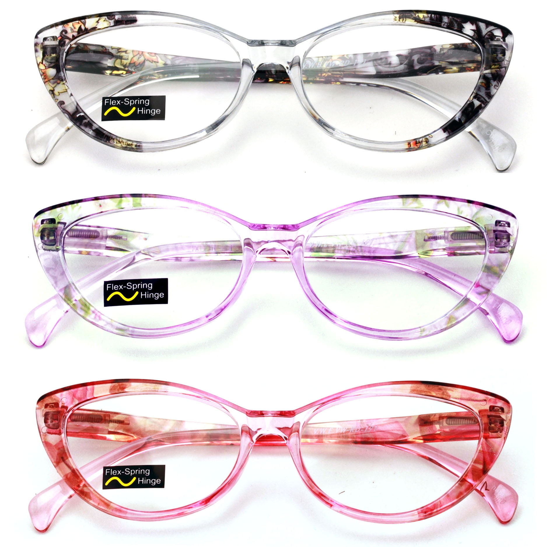 Vwe Translucent Clear Floral Pattern Womens Cat Eye Reading Glasses 3 Pair 
