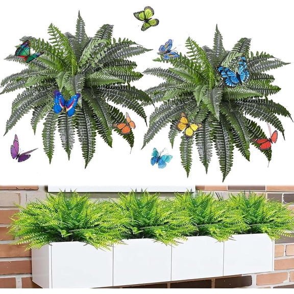UV Resistant Lifelike Artificial Boston Fern, 2Pcs Realistic Faux Ferns Plants, Large Artificial Boston Fern Bush for Planters, Office & Home Decor, Outdoor & Indoor
