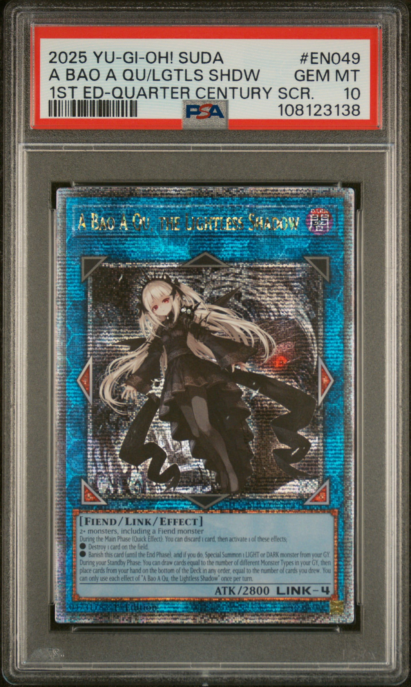 Yu Gi Oh! TCG, PSA Graded 10 GEM MINT, A Bao A Qu/Lgtls Shdw A Bao A Qu/Lgtls Shdw #EN049, Suda Supreme Darkness, Fully Encapsulated Bundle with Compatible Yu Gi Oh! Hard Sealed Case
