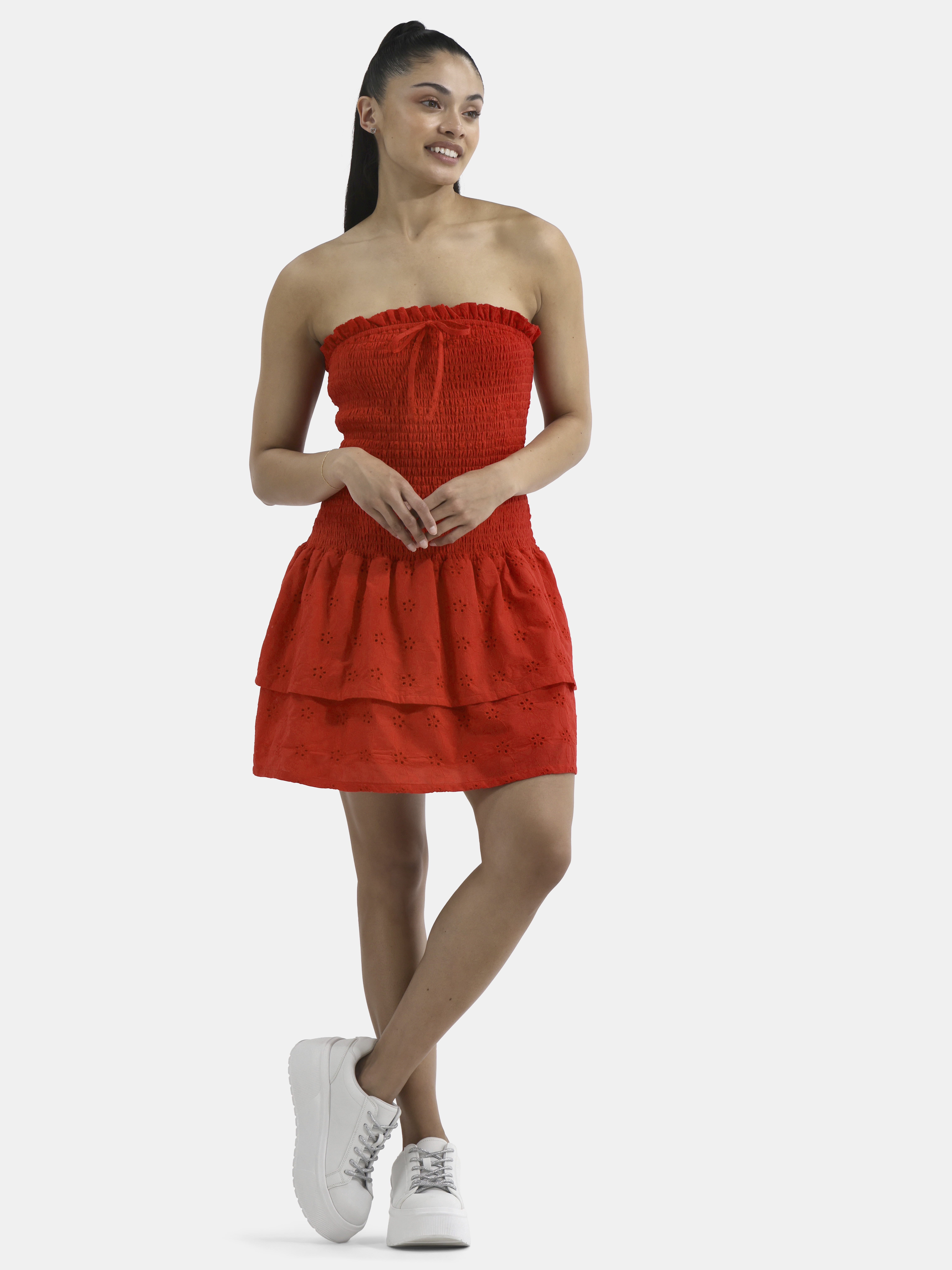 No Boundaries Cotton Smocked Ruffle Eyelet Mini Dress, Women's