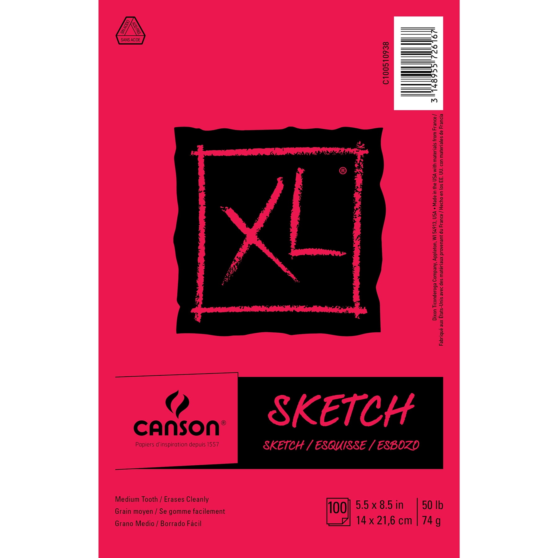 Canson XL Series Sketch Pad, Foldover Binding, 100 Sheet, 5.5x8.5 inch, Pack of 3