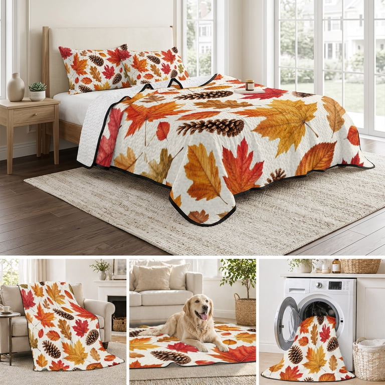Twin XL Quilt Bedding Set, Autumn Maple Leaf Thanksgiving Pine