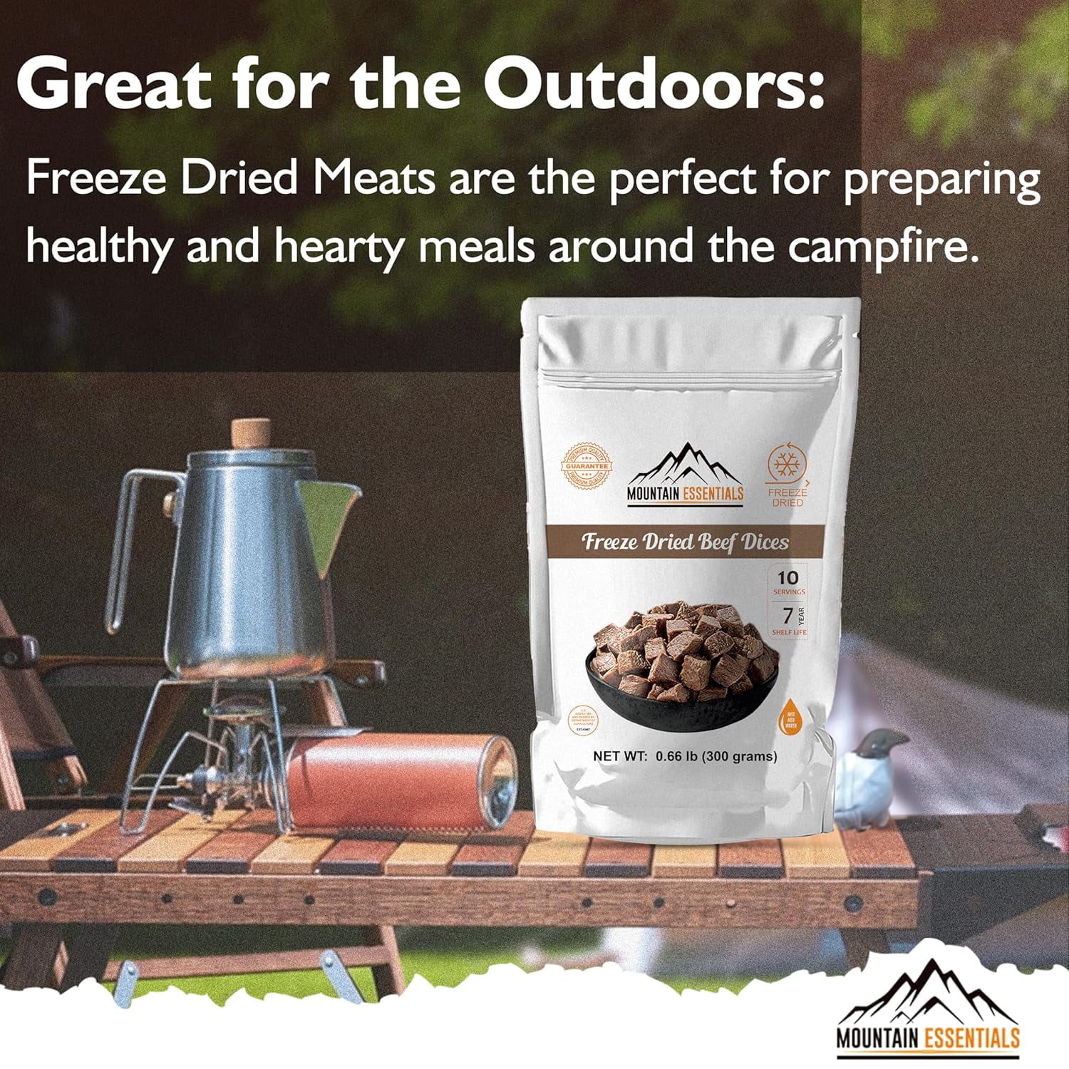 Mountain Essentials Freeze Dried Beef Dices Protein Packed Meal (300g Pouch)| Emergency Long Term Supply | Hiking, Backpacking & Camping | Easy Prep Survival Food ✅