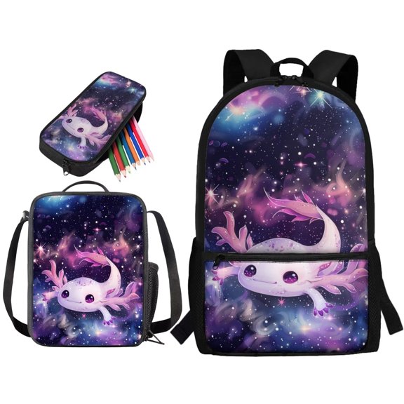 Tutolipy Galaxy Axolotl Printed Girls Backpacks for Primary Junior School, 3 Piece Kids School Backpack with Lunch Box Pencilcase Set, 17 Inch Large Capacity Bookbags for Boys Girls