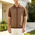 thumbnail image 5 of EANJE Men's Short Sleeve Knit Polo Cardigan, Geometric Pattern Button‑Down Lapel Collar Retro Casual Knitted Shirt for Daily Vacation Brown 3XL, 5 of 5
