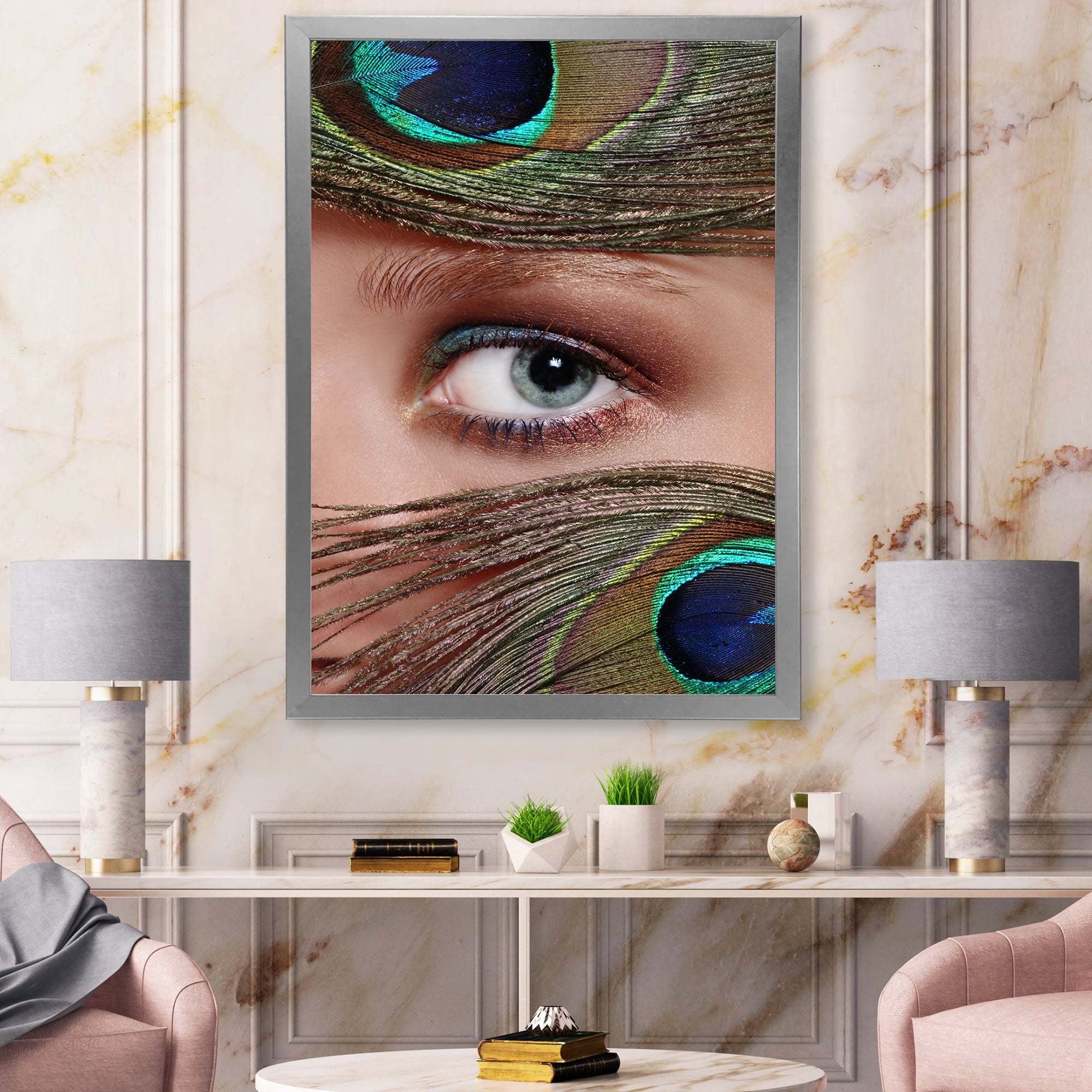 Designart 'Peacock Feathers and Eye' Bohemian & Eclectic Framed Art Print
