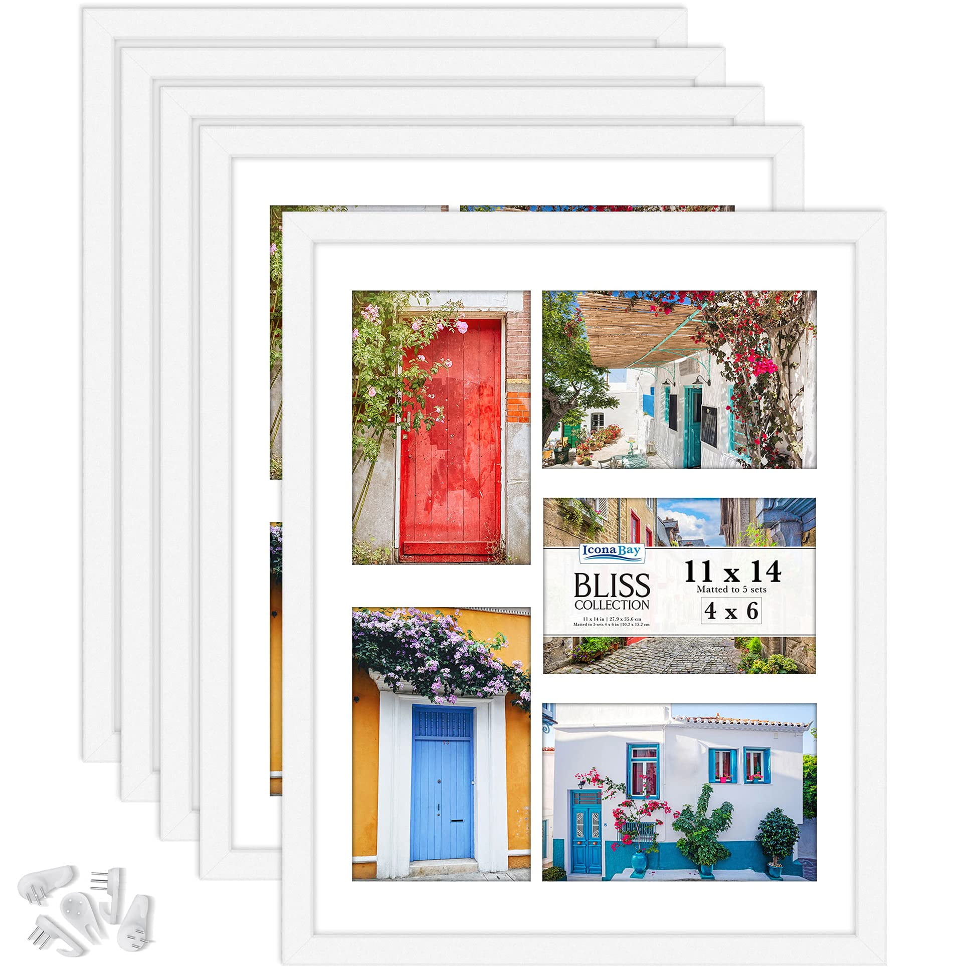 Icona Bay 11x14 White Picture Frames W/ Mat for 5 4x6 Photos, 5 PK