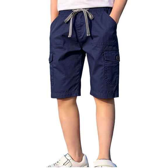 Amidoa Boys Cotton Cargo Shorts – Elastic Waist Baggy Summer Knee Length Casual Shorts,Navy,11