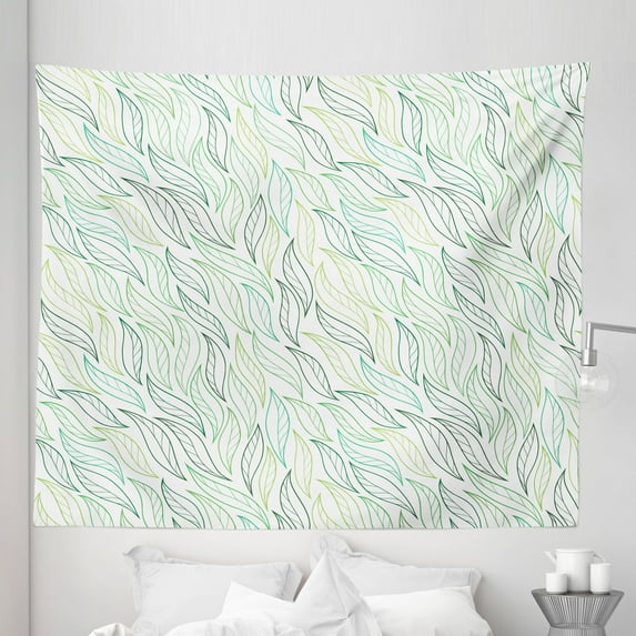 Nature Tapestry, Floral Leaf Patterns with Ornamental Lines Contemporary Graphic Art, Fabric Wall Hanging Decor for Bedroom Living Room Dorm, 5 Sizes, Pale Green Navy Blue, by Ambesonne