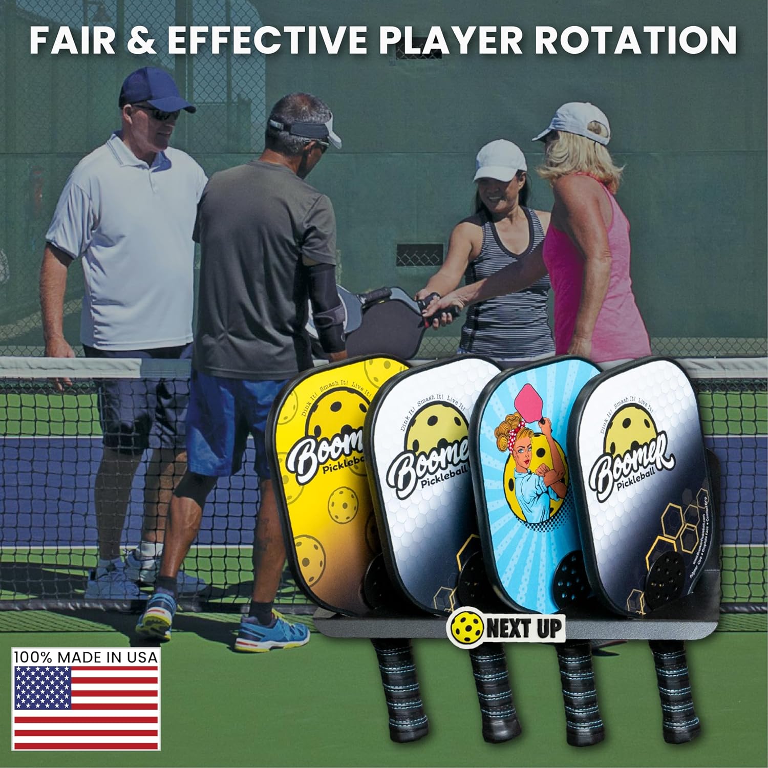 Boomer 45D Pickleball Paddle Rack, 4 Paddle Holder with 45 Degree Display, Heavy Duty Steel Court Organizer