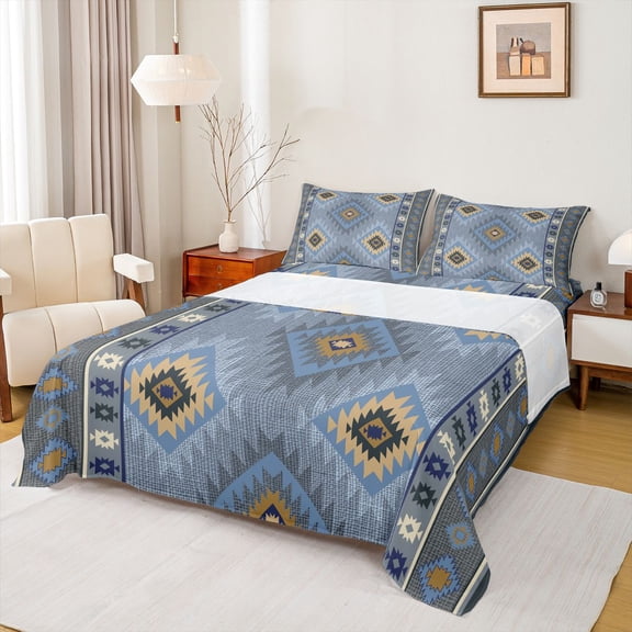 jejeloiu Aztec Geometric Rhombus Bed Sheets,Western Cowboy Tribal Full Size Sheets For Boys,Blue Beige,4 Pieces,1 Flat Sheet, 1 Fitted Sheet and 2 Pillowcases