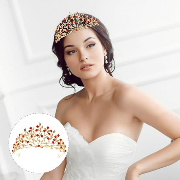 LOLIPPYY Wedding Tiara Crown Headband Red Rhinestones 1Set Vintage Style Hair Ornament for Women